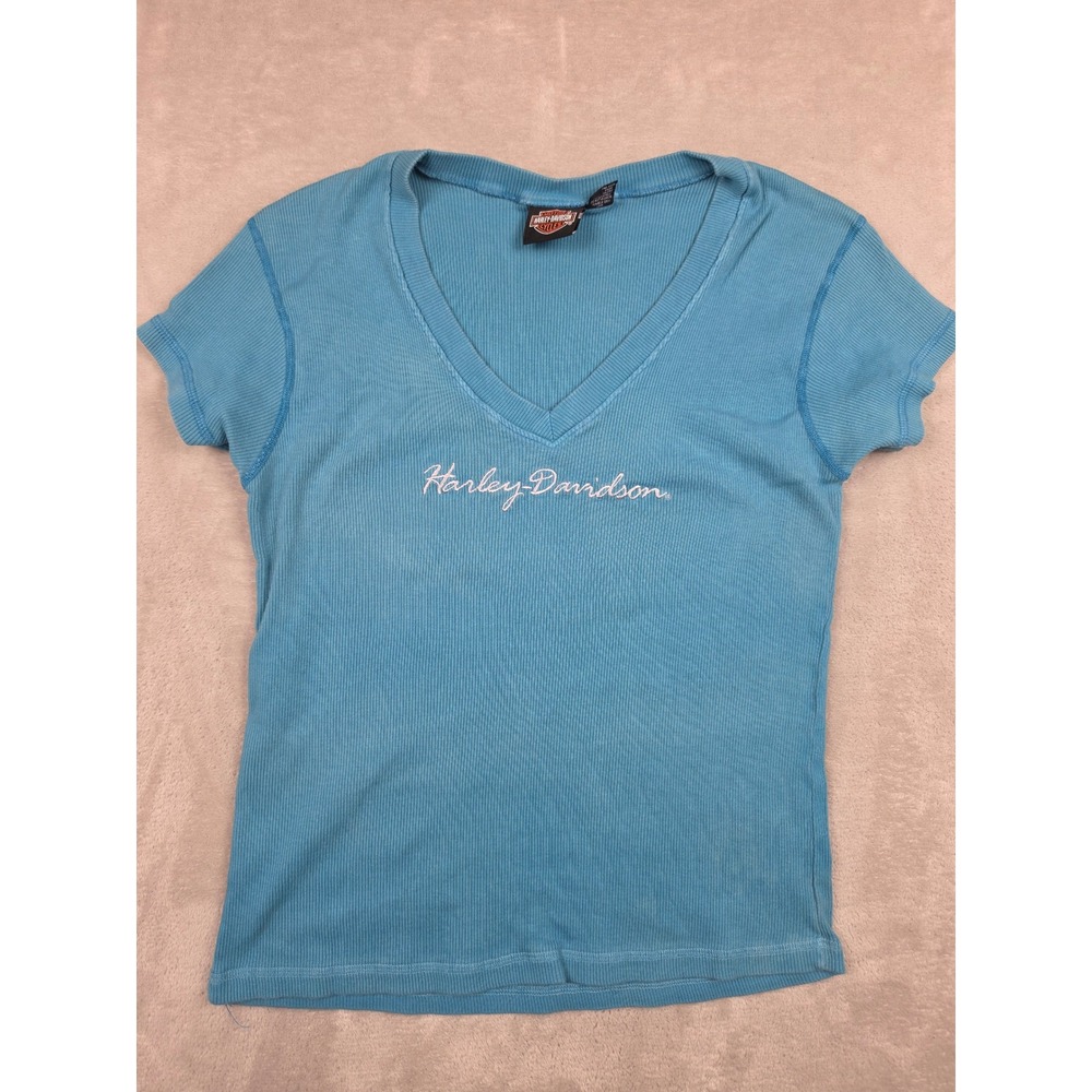 Harley-Davidson V-Neck T-Shirt Womens Juniors XL Blue Ribbed‎ Short Sleeve *Read